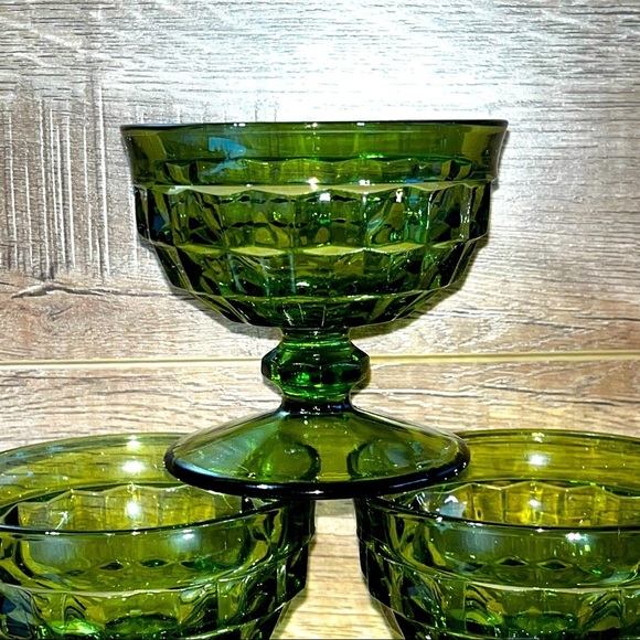 Set of 7 Avocado Green Indiana Glass‎ Whitehall Colony Cubist Footed Sherbet Lot - Picture 5 of 5